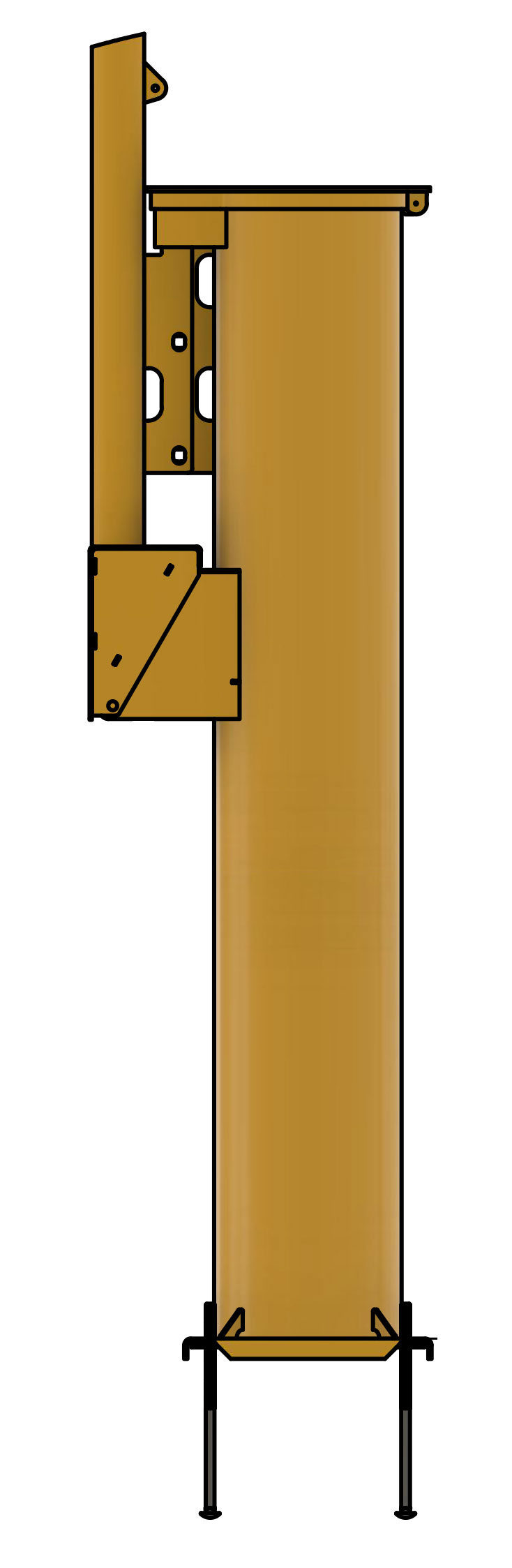 Illustration of The Pillbox™ housing, featuring a weatherproof design with panel space, DIN rail, battery tray, and articulated mast for easy access to electronics.